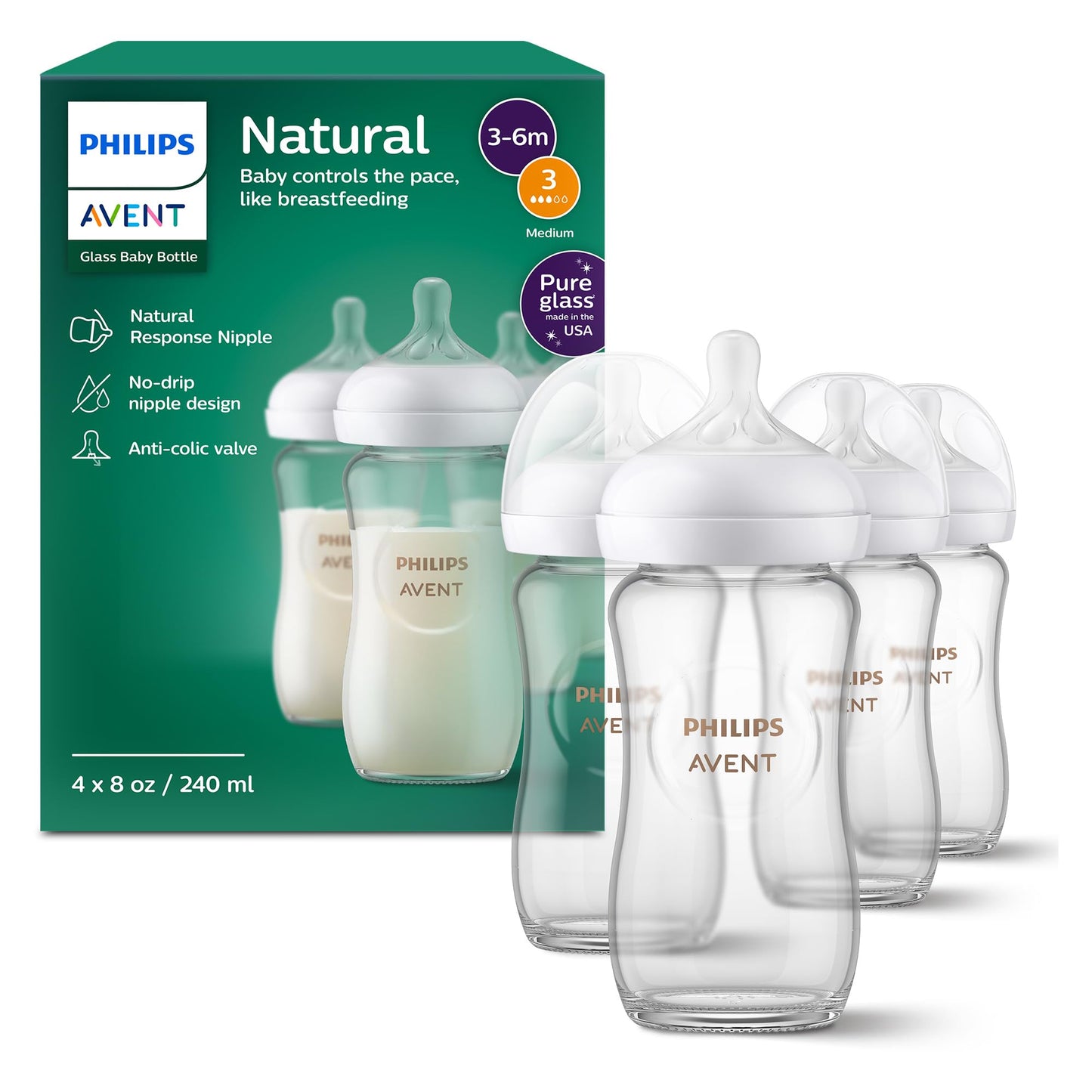 Philips Avent Glass Natural Baby Bottle with Natural Response Nipple.