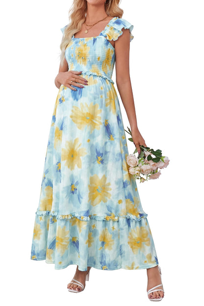 OUGES Women's Ruffle Sleeve Summer Baby Shower Maternity Photoshoot Dress