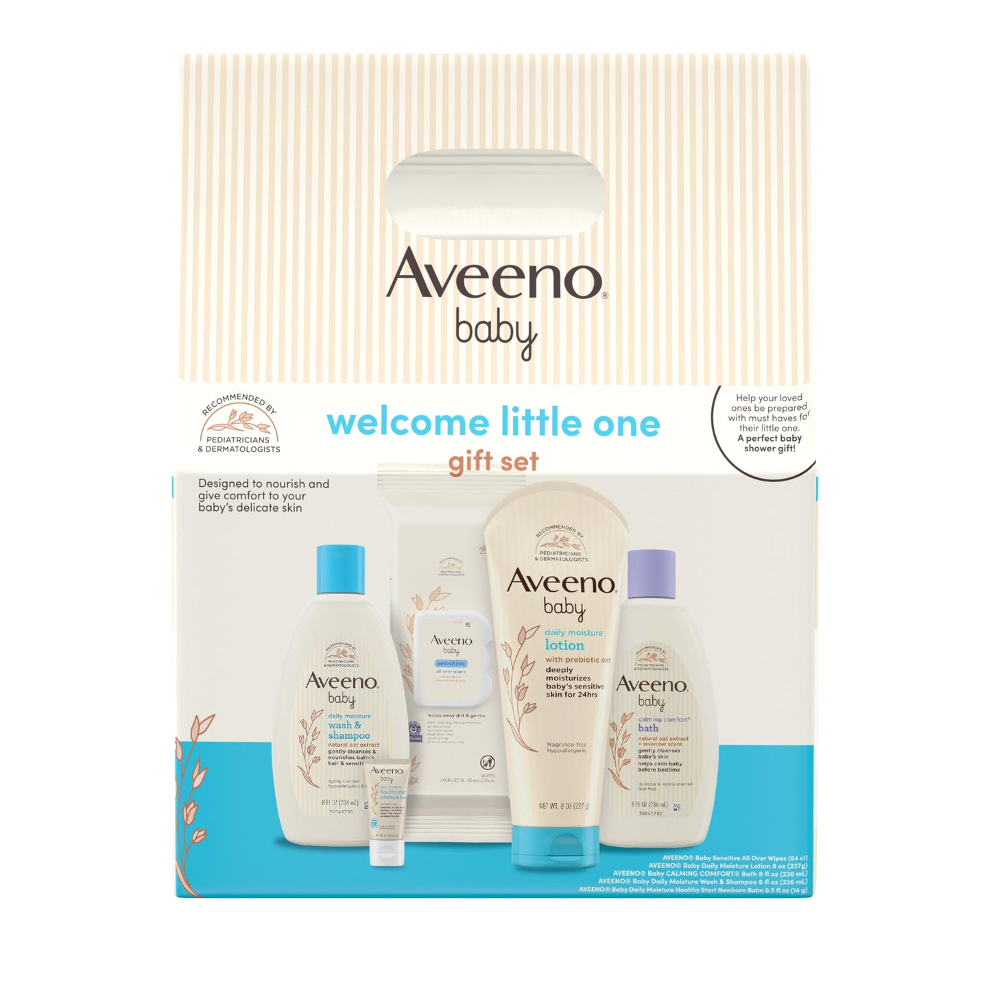 Aveeno Baby Gift Set, Baby Skincare Set with Nourishing Baby Body Wash & Shampoo, Calming Bath Wash, All Over Baby Wipes, Daily Moisturizing Lotion, & Baby Balm, 5 Items