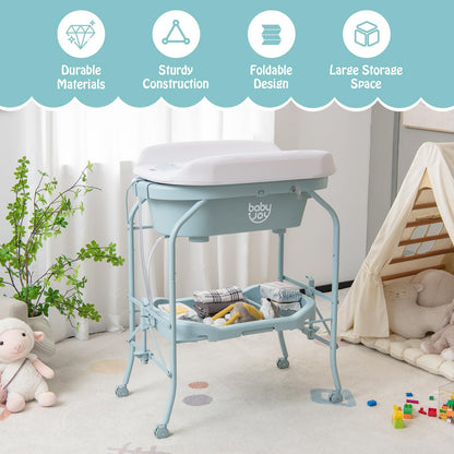 BABY JOY Baby Bathtub with Changing Table, Foldable Infant Diaper Changing Station with Storage Tray, Waterproof Pad, Portable Newborn Nursery Organizer Bath Stand with 4 Universal Wheels
