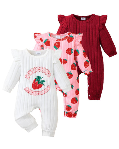 SUNNY PIGGY Baby Girl Clothes 3‑Pack Long Sleeve Romper Infant Outfits