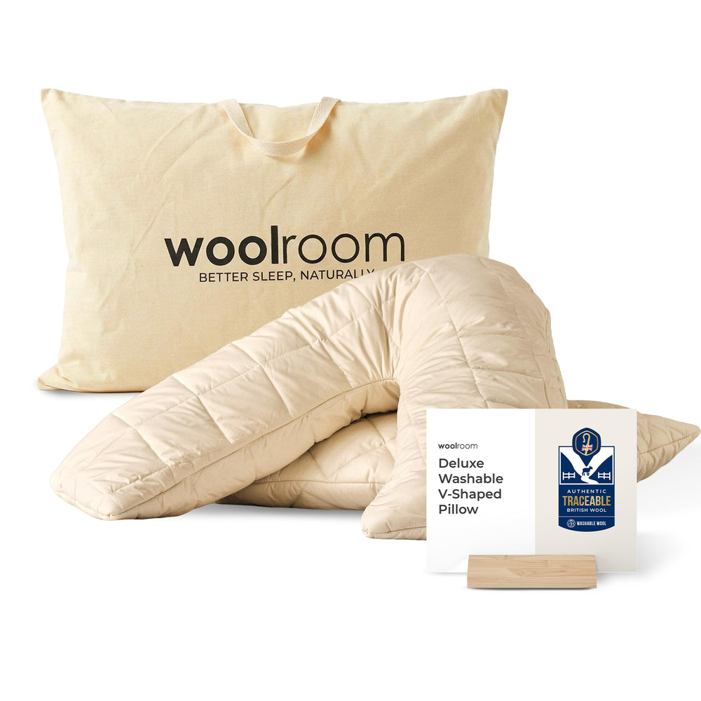 WOOLROOM Deluxe V Shaped Wool Pillow - 100% Traceable Natural Personalized Body Comfort with Soft Breathable Organic Cotton - Hypoallergenic Moisture Wicking Feather Down Alternative (W75 x L75'')