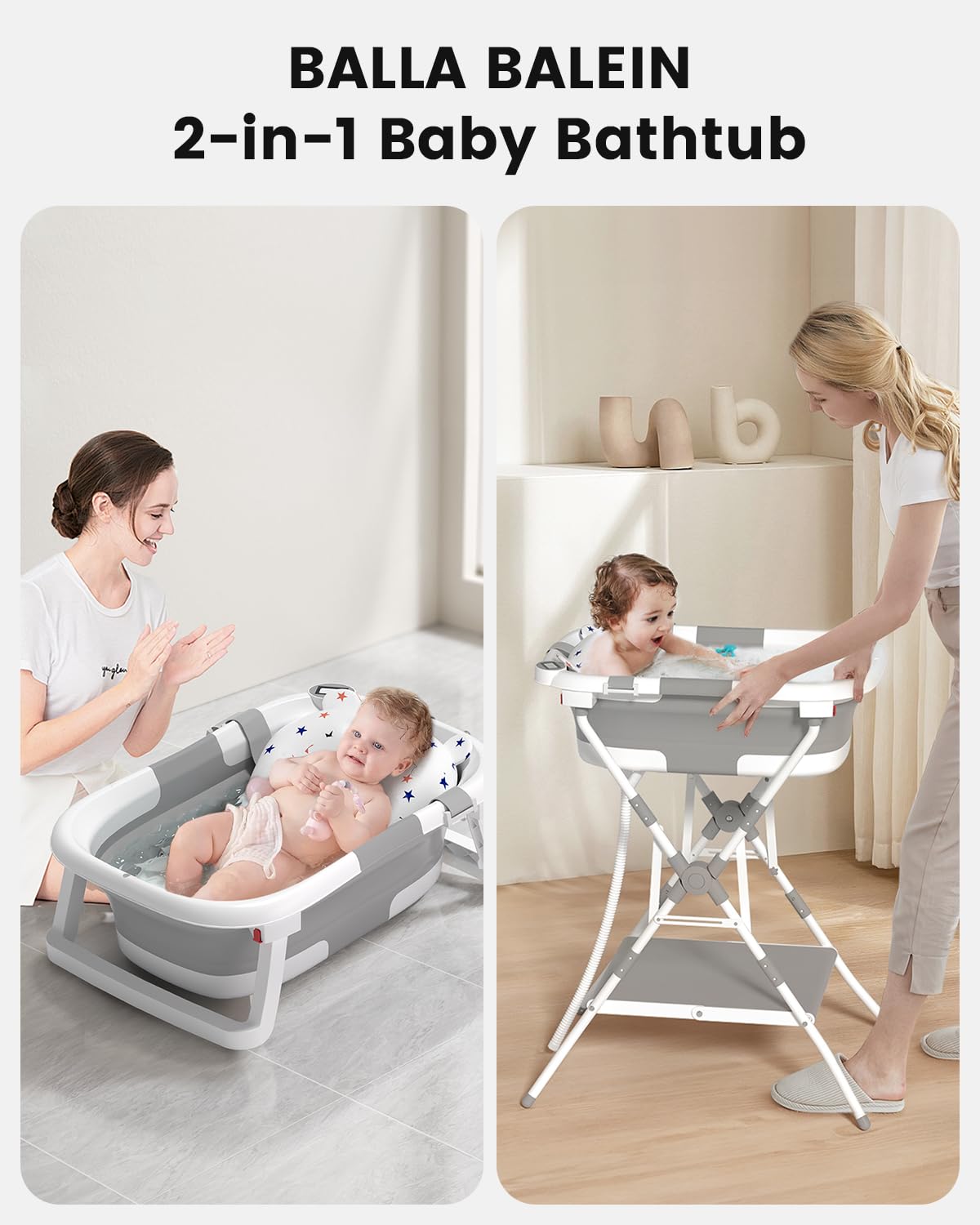 BALLA BALEIN Baby Bathtub with Stand, 2-in-1 Collapsible Bath Tubs for Newborn to Toddler, Infant Bathtub with Folding Stand, Portable Bathtub for Baby Including Soft Cushion, Storage Pad