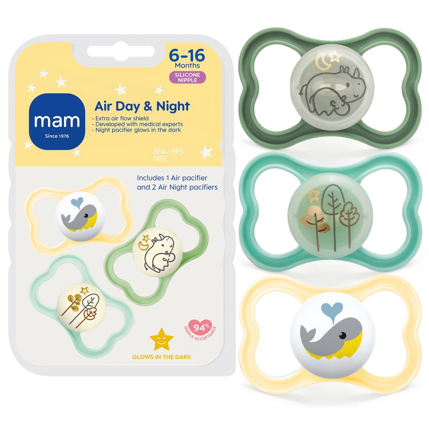 MAM Air Night & Day Baby Pacifier, for Sensitive Skin