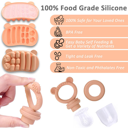 JEXFUN Silicone Baby Fruit Food Feeder Pacifier & Freezer Tray Set, Breastmilk Popsicle Mold for Teething, Silicone Baby Food Storage Containers for Baby Teething & Infant Self Feeding, BPA Free, C