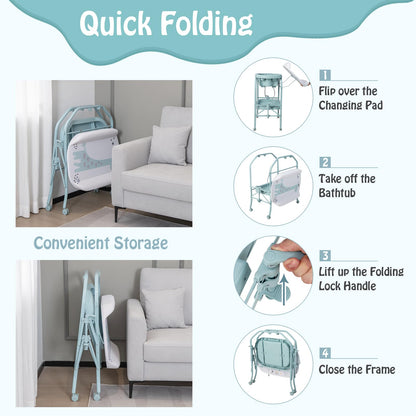 BABY JOY Baby Bathtub with Changing Table, Foldable Infant Diaper Changing Station with Storage Tray, Waterproof Pad, Portable Newborn Nursery Organizer Bath Stand with 4 Universal Wheels