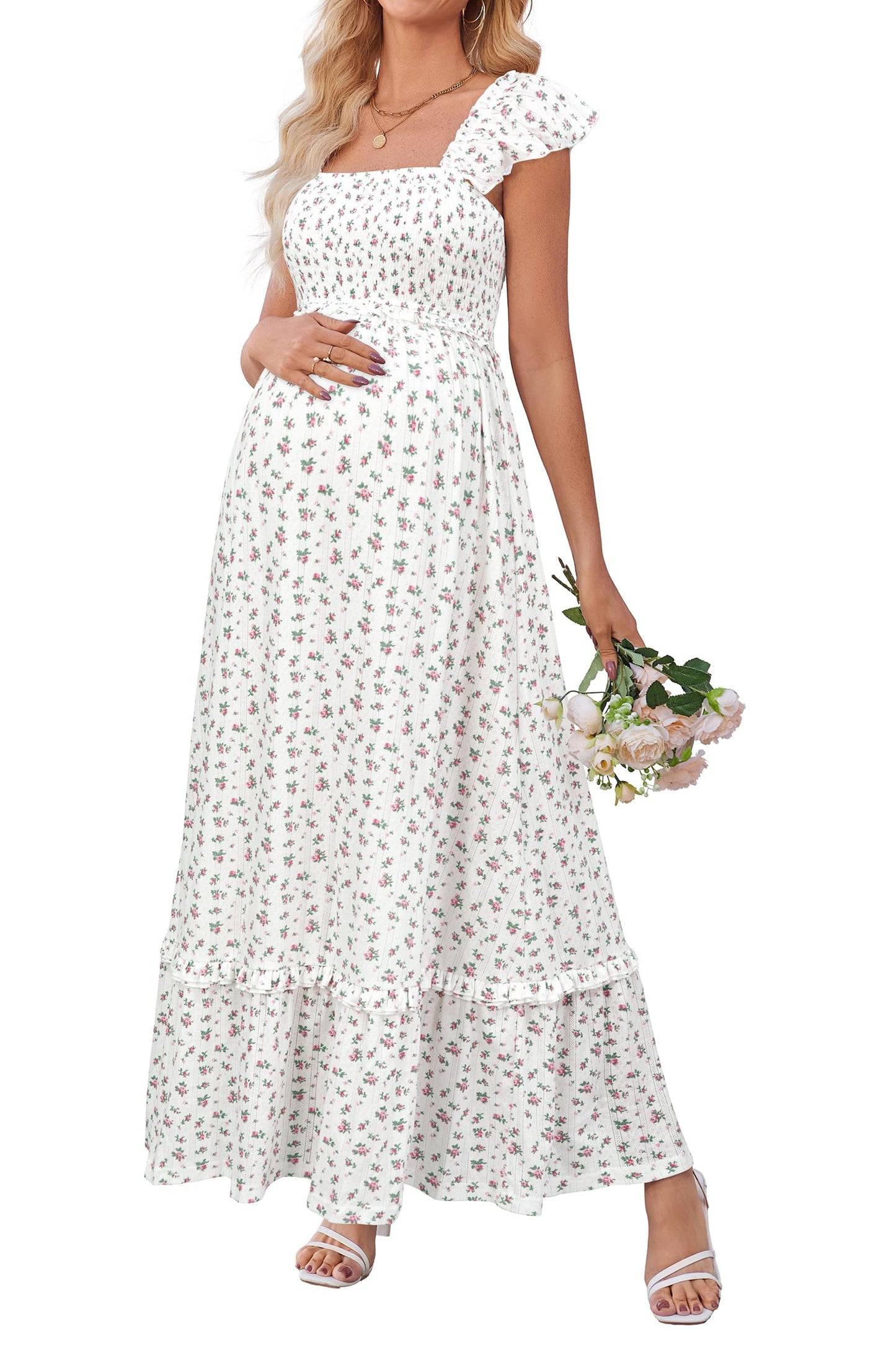 OUGES Women's Ruffle Sleeve Summer Baby Shower Maternity Photoshoot Dress