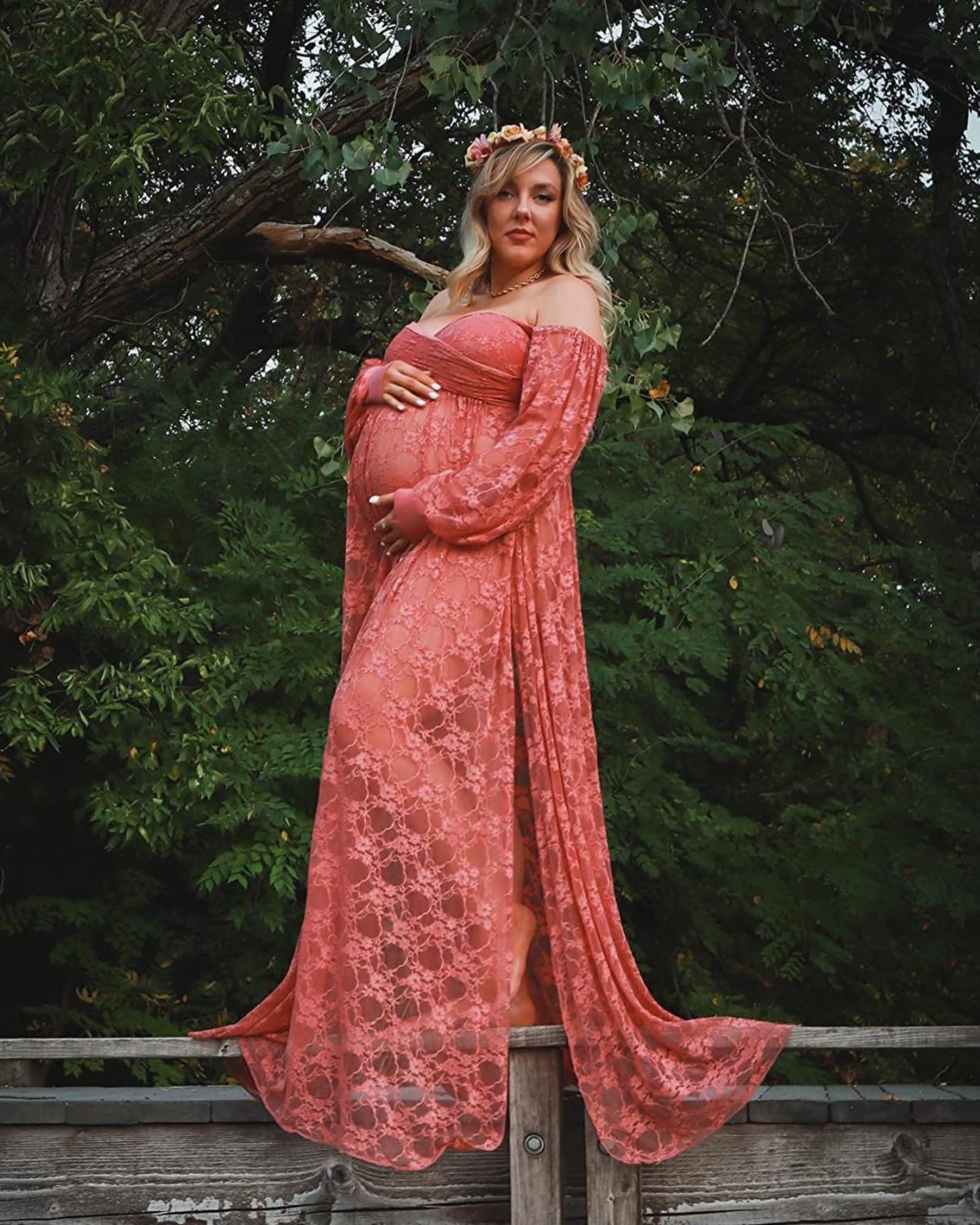 Saslax Soft Stretchy Sheer Lace Off Shoulder Maternity Maxi Dress A-line with Double Split Pregnancy Gown for Photoshoot