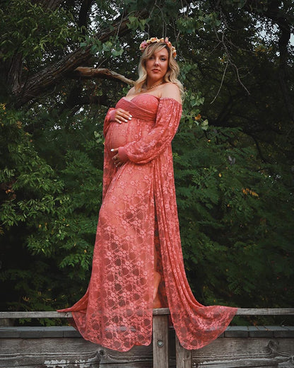 Saslax Soft Stretchy Sheer Lace Off Shoulder Maternity Maxi Dress A-line with Double Split Pregnancy Gown for Photoshoot