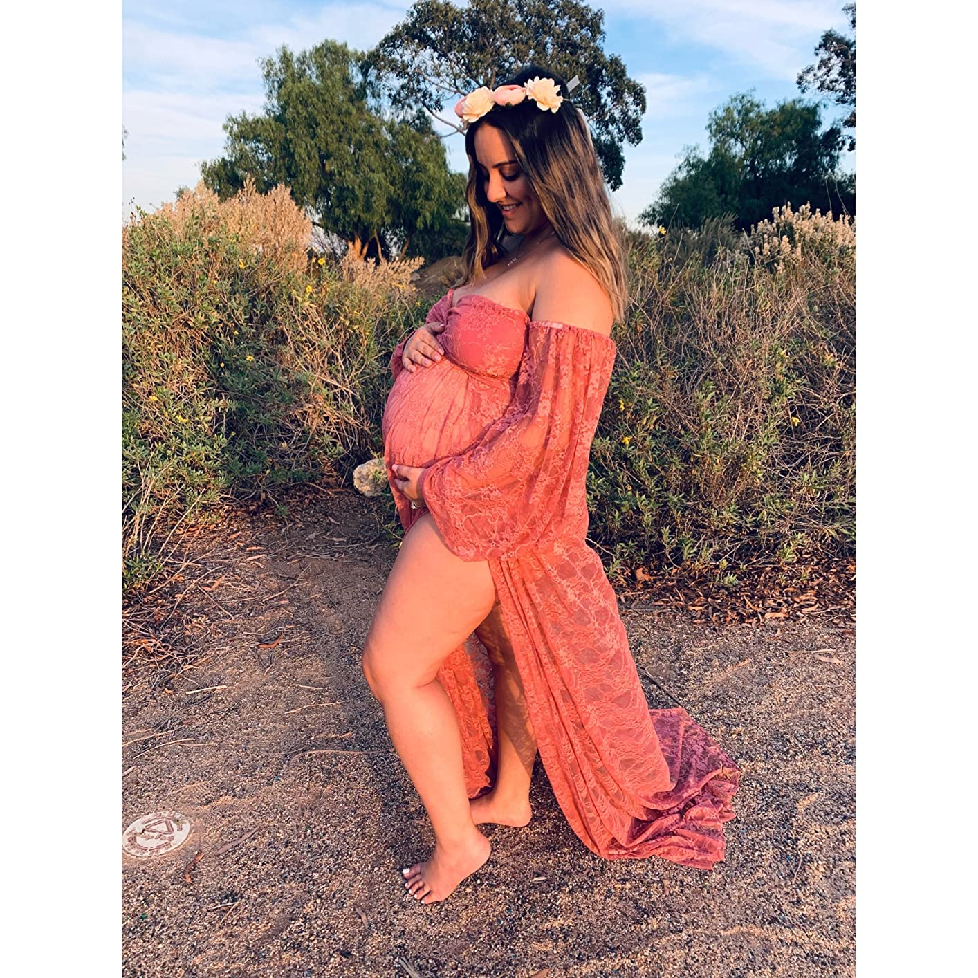 Saslax Soft Stretchy Sheer Lace Off Shoulder Maternity Maxi Dress A-line with Double Split Pregnancy Gown for Photoshoot