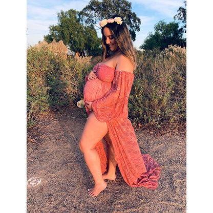 Saslax Soft Stretchy Sheer Lace Off Shoulder Maternity Maxi Dress A-line with Double Split Pregnancy Gown for Photoshoot