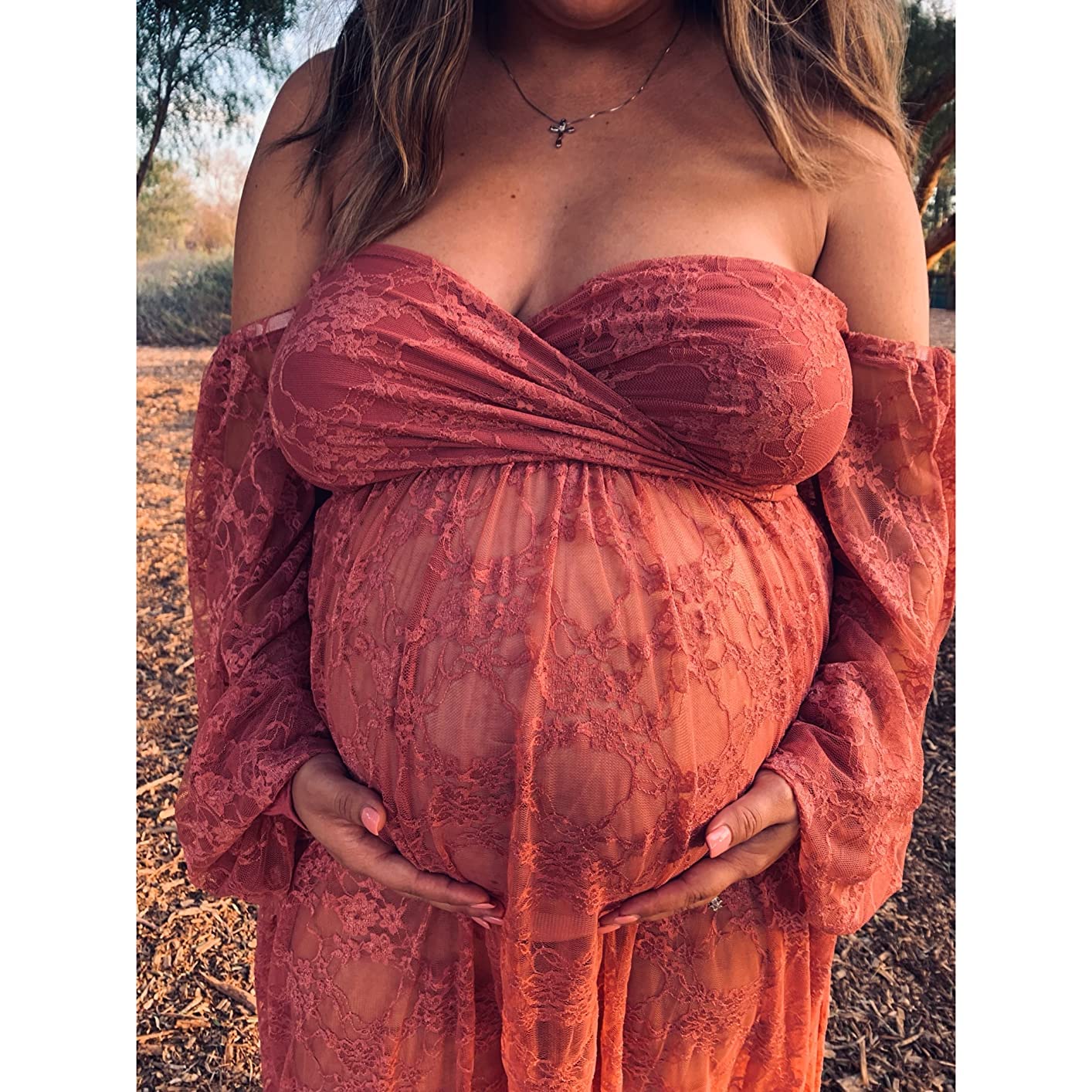 Saslax Soft Stretchy Sheer Lace Off Shoulder Maternity Maxi Dress A-line with Double Split Pregnancy Gown for Photoshoot