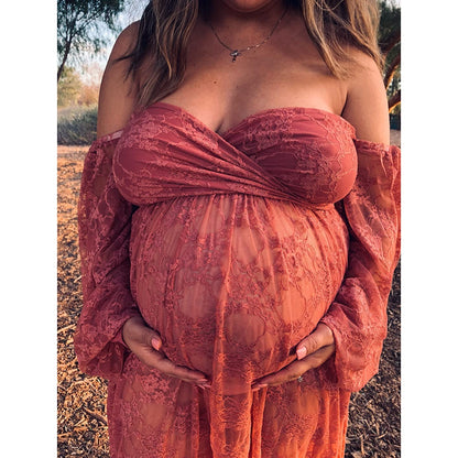 Saslax Soft Stretchy Sheer Lace Off Shoulder Maternity Maxi Dress A-line with Double Split Pregnancy Gown for Photoshoot