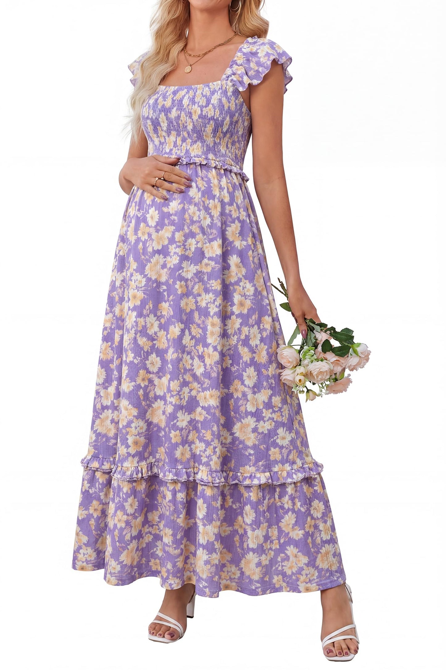 OUGES Women's Ruffle Sleeve Summer Baby Shower Maternity Photoshoot Dress