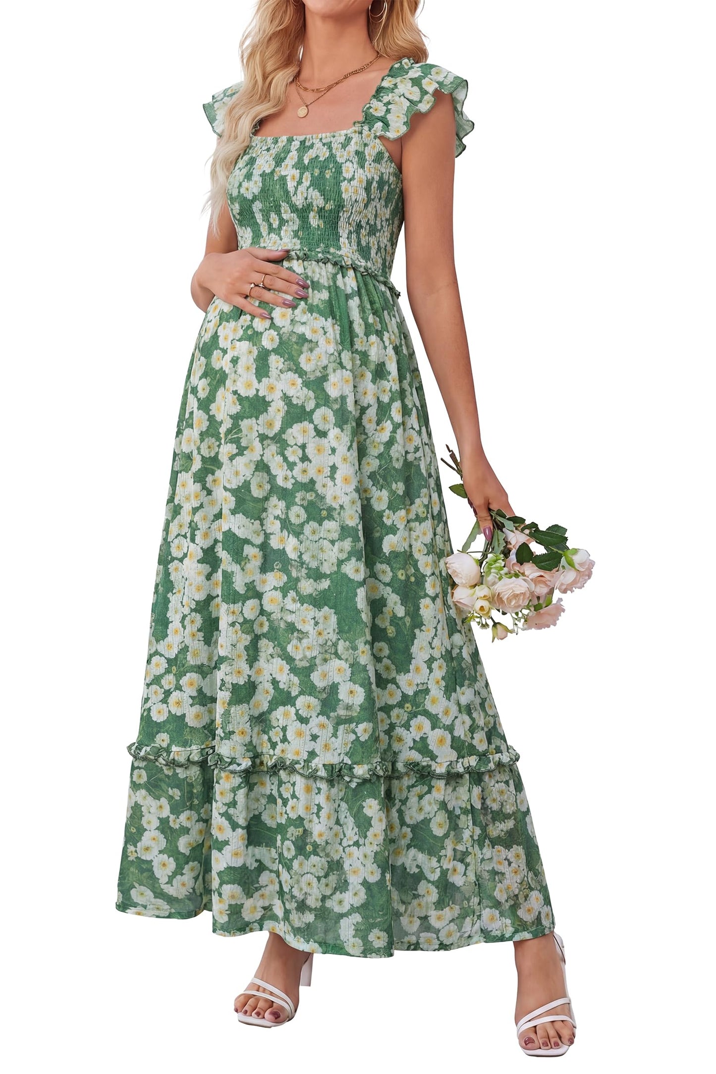 OUGES Women's Ruffle Sleeve Summer Baby Shower Maternity Photoshoot Dress